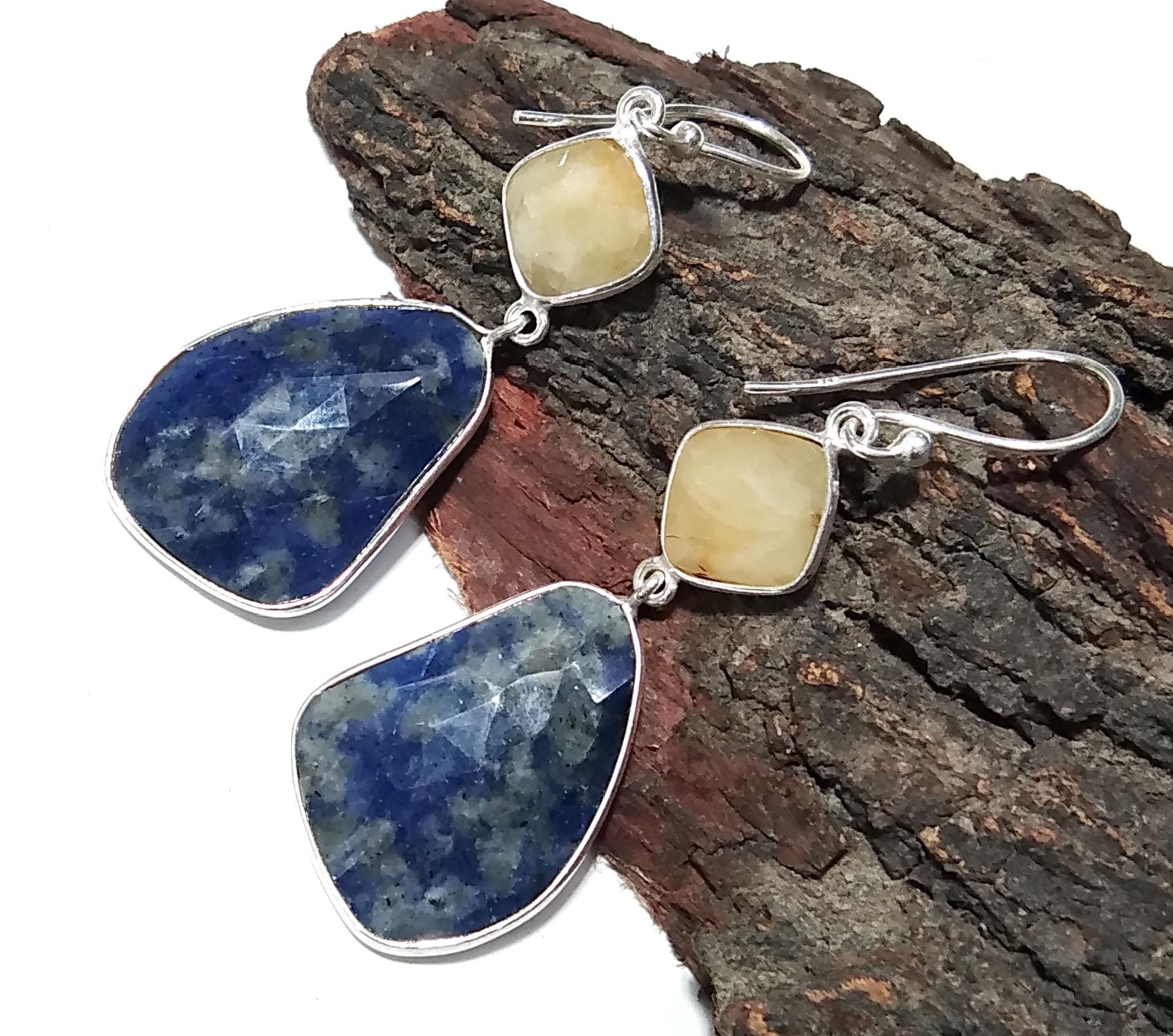 Very Nice Earring ! Yellow Sapphire & Blue Jade Natural Gemstone Earring, 925 Solid Starling Silver Jewelry, Handmade Bezel Earring For Gift